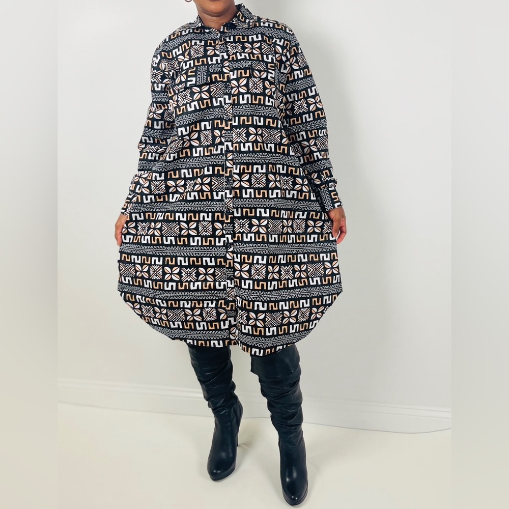 African Print Ankara Tribal Print Multicolor Midi Button-up Collard  Dress
